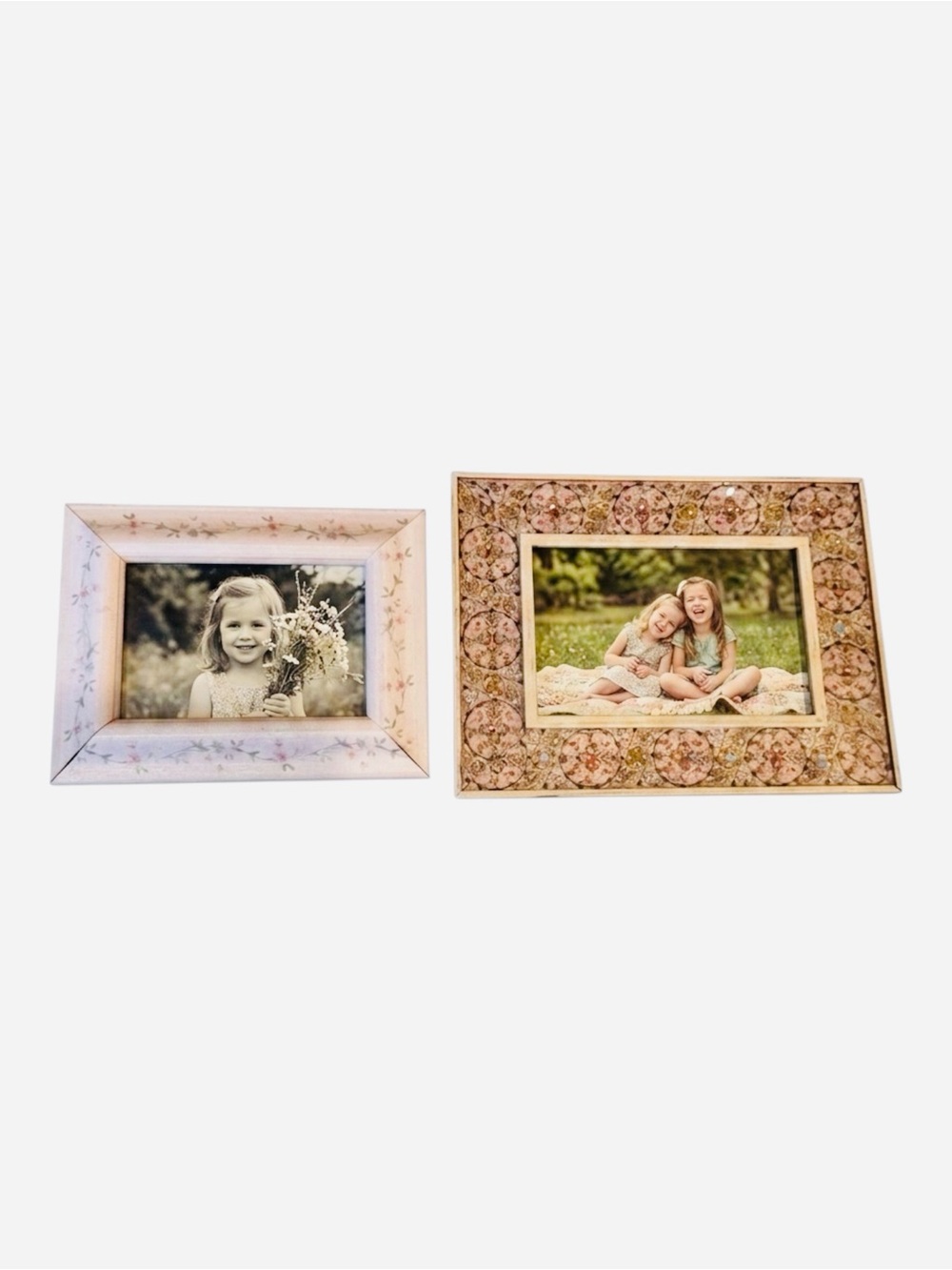 Set 2 Girl Photo Frames Floral Beaded Pink White Tabletop